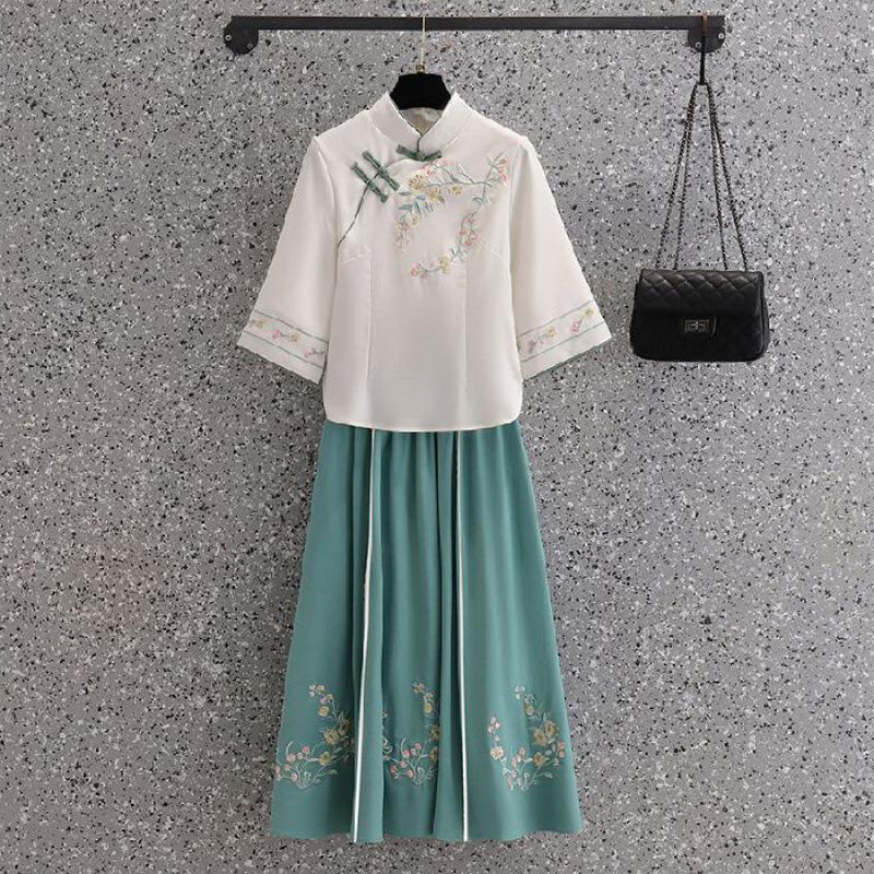 Spring Republic Women's Hanfu Tea Ceremony Dress: Tang Suit Slimming Embroidered Cheongsam Two-Piece Set