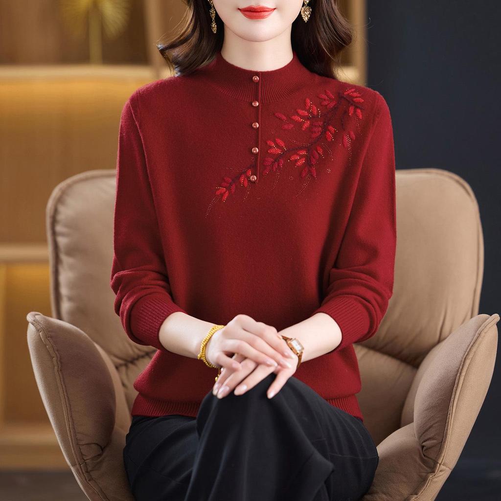 Stylish 100% Pure Wool Embroidered Sweater for Women - Autumn & Winter Half High Neck Knitted Sweater