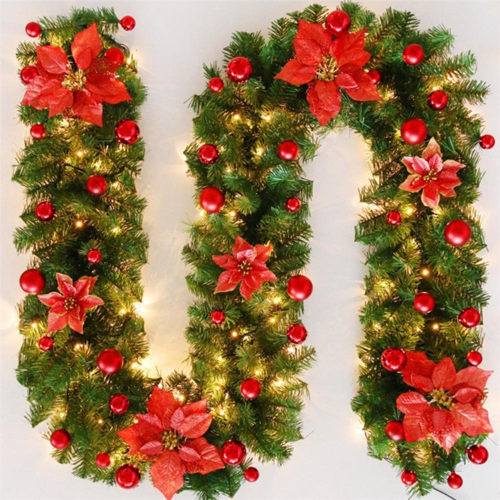 2.7M Christmas Garland Door Hanging Xmas Balls Christmas Wreath Artificial Flower with LED Lights Xmas Decorations Rattan