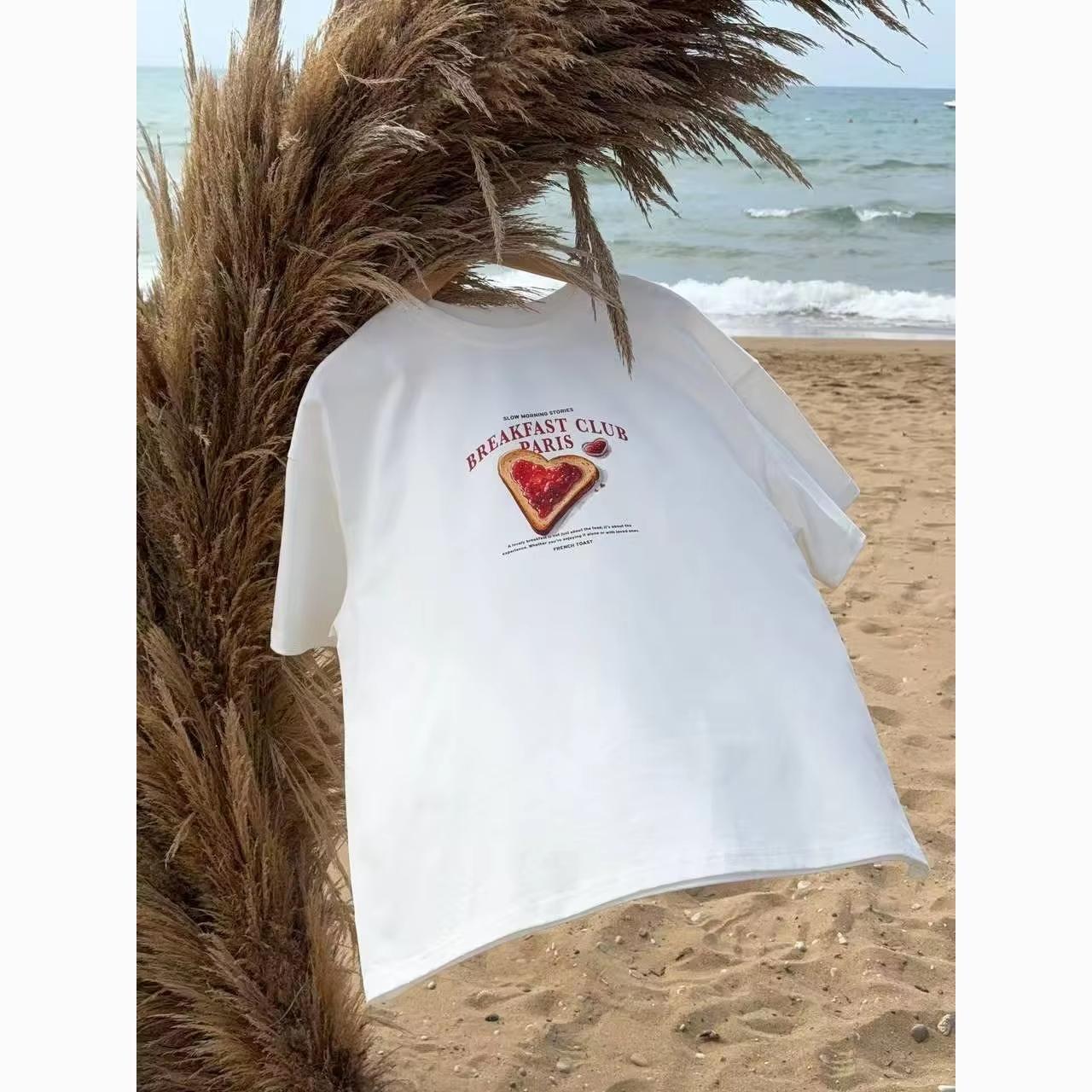 

2026 Summer Oversized T-shirt Breathable Cotton Blend Paris Breakfast Toast Graphic Print Unisex Casual Streetwear Short Sleeve S