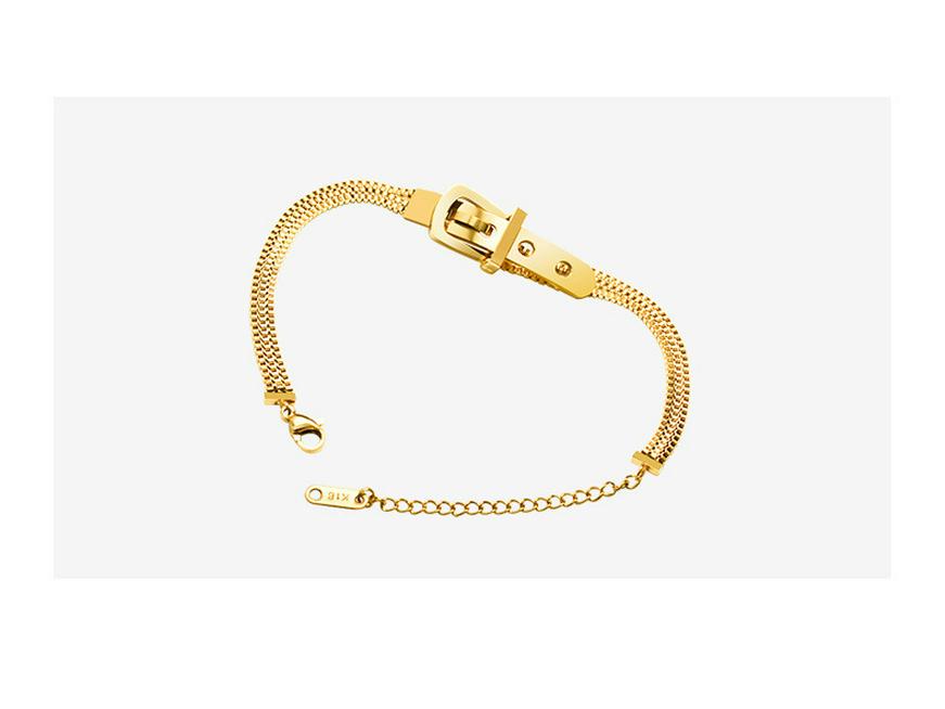 Damski pozłacany 18-karatowym złotem zegarek bransoletka ze stali tytanowej z skórzaną klamrą i łańcuszkiem pudełkowym z koralikami ryżowymi