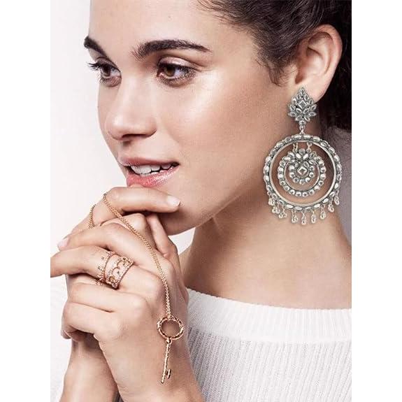 Oxidized Mirror Work Silver Afghani Stylish Flower Double Round Traditional Handcrafted Chandbali Earrings For Women And Girls