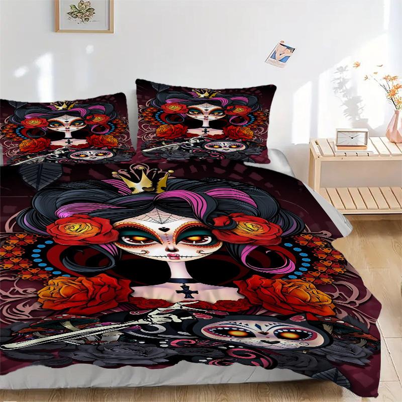 

3pcs Sugar Skull Illustration Duvet Cover Set, Cover For Bedroom Guest Room (1 Duvet Cover + 2 Pillowcase, Without Quilt), yy250922204 135x200cm