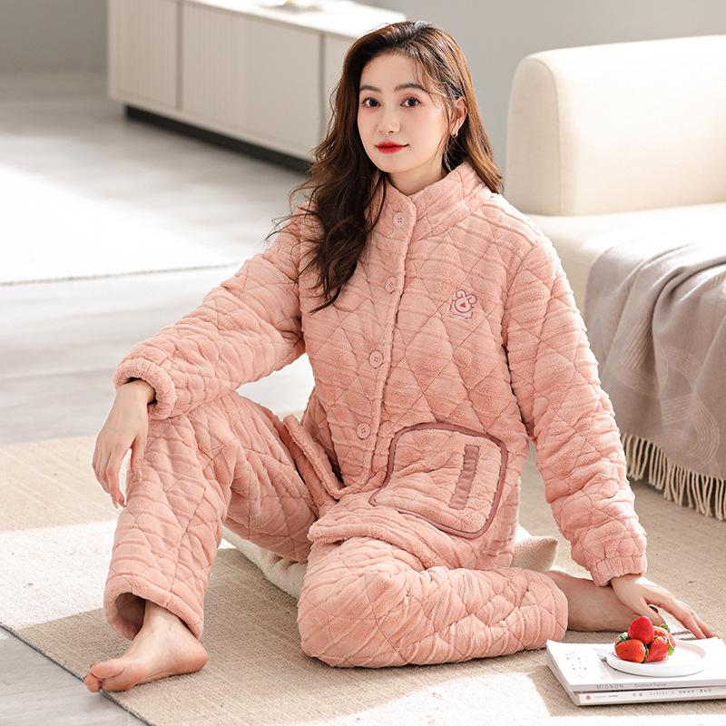 1011 New Coral Fleece Pajamas Women's Winter Three-layer Cotton-padded Fleece Thickened Autumn and Winter Zipper Loungewear