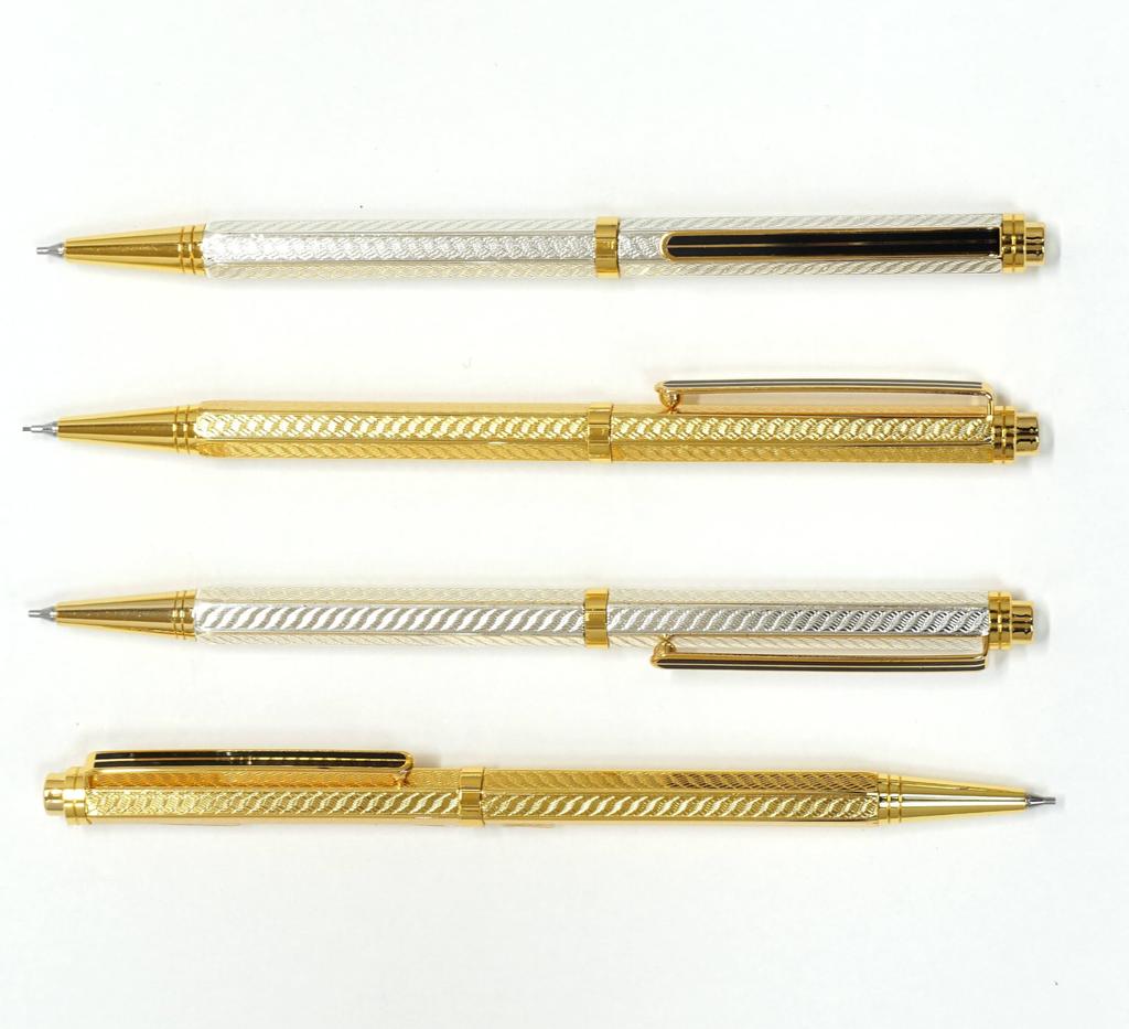 Brass Hexagonal Rotating Engraved Ballpoint Pen and Mechanical Pencil Premium Two-Pack Set, Silver, Boxed, K7-6KS-2-S