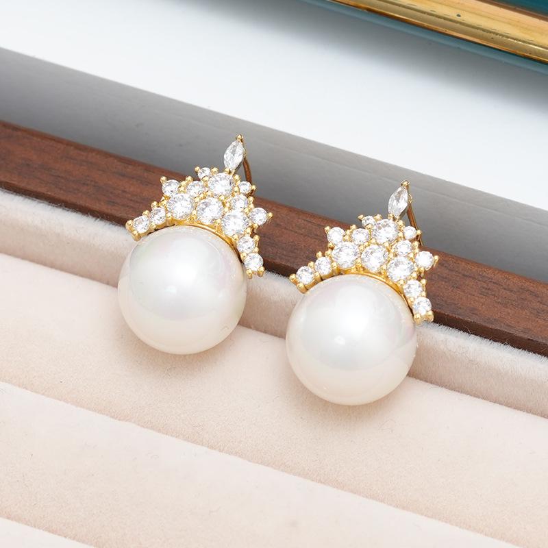 Crown Zircon Pearl Drop Earrings: Trendy, High-End Fashion & Light Luxury Style for Women