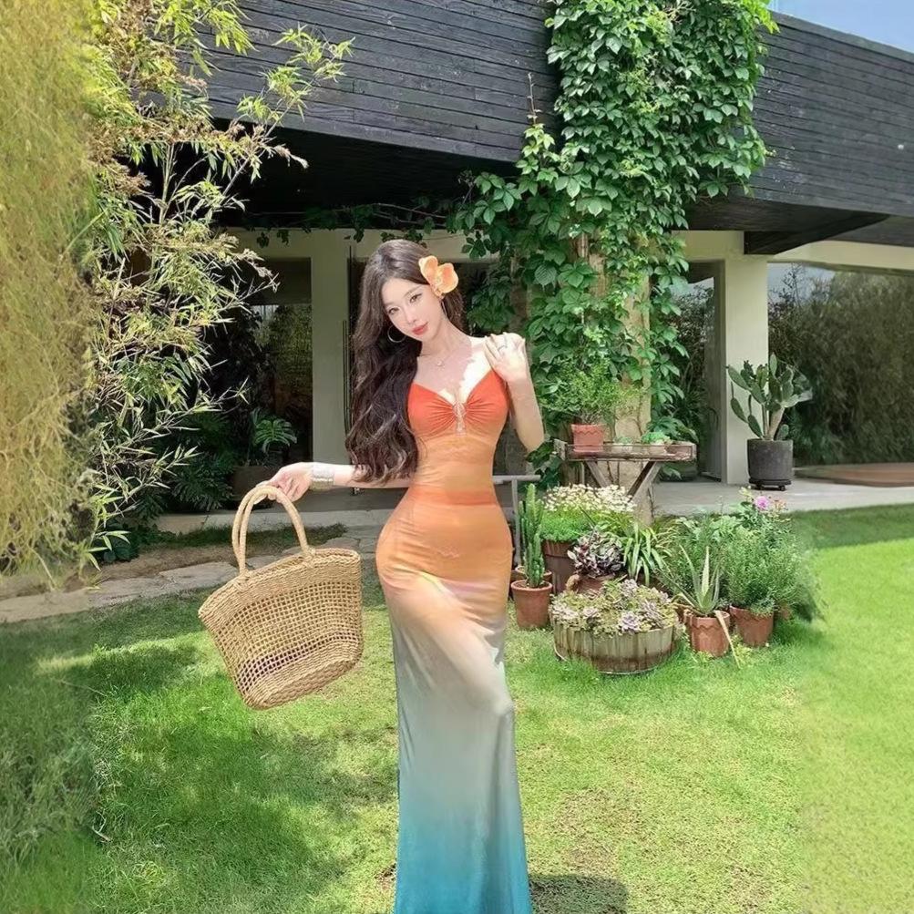 Holiday Vacation Wind Dopamine Beautiful Island Vacation Atmosphere Gradual Change Color Sunset Tie Dye Mesh Suspender Dress