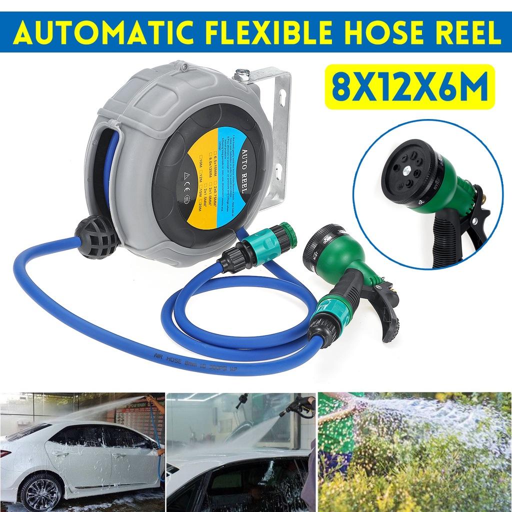 Flexible Hose Reel Automatic Reel Retractable Pipe TPU Clamping Tube Irrigation Sprayer Garden Hose Water Spray Garage Tool Car Cleaning Gray 8x12x6M