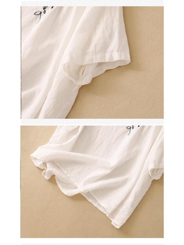 Women's Ethnic Embroidered Cotton-Linen Short Sleeve Loose Top