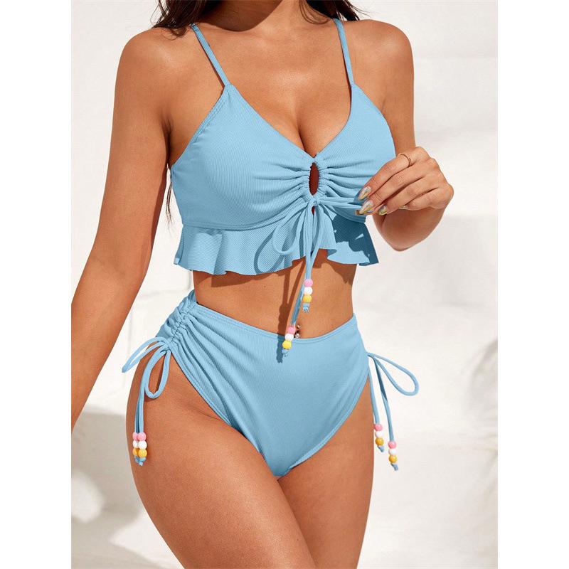 Women s Ruffle Push-Up Lace-Up Solid Color Bikini Medium