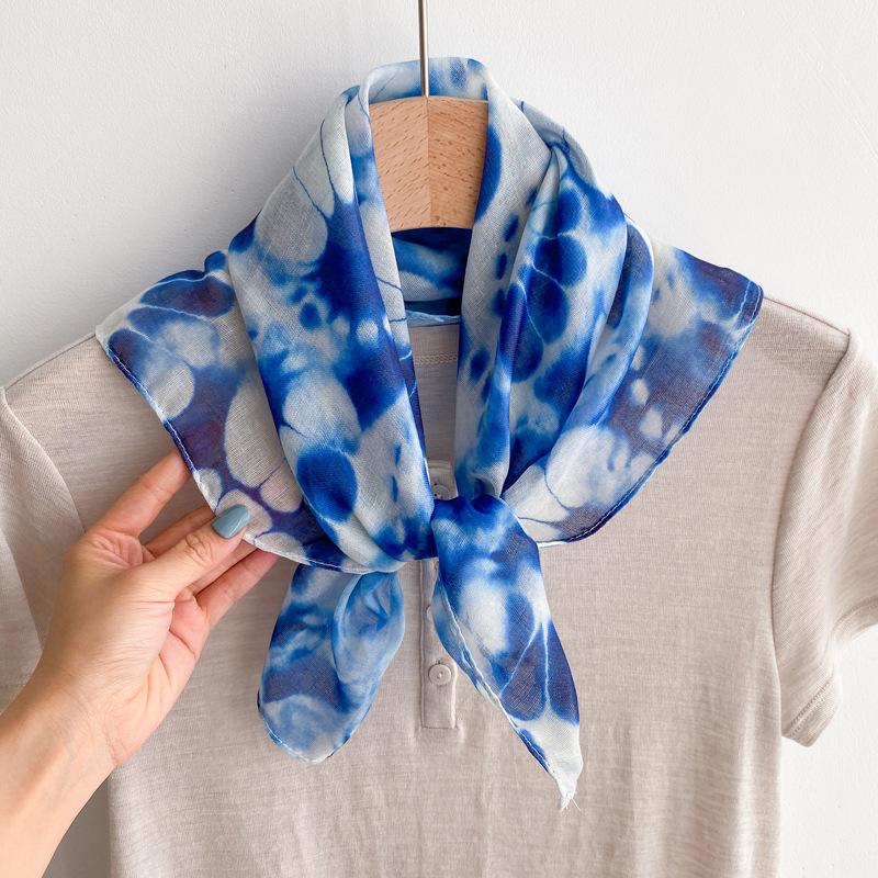 Flax small square scarf silk scarf women's headscarf neck protection scarf imitation blue dye handmade tie-dye scarf Yunnan yarn scarf thin scarf