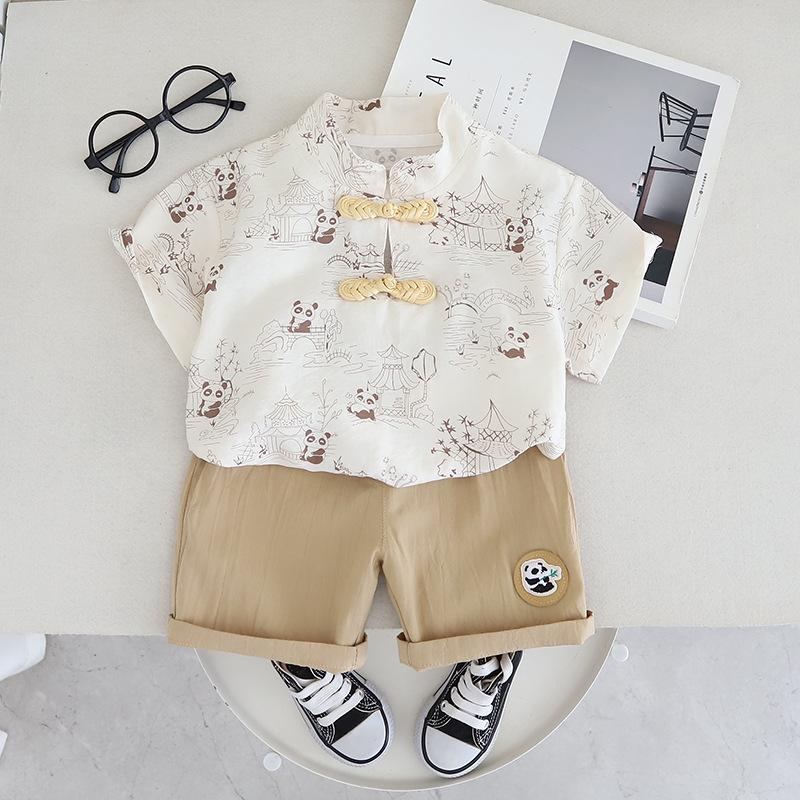 

Летний комплект в античном стиле, повседневный мультяшный комплект из двух предметов с шортами и коротким рукавом, тонкий мужской детский пуловерный комплект 110cm коричневый