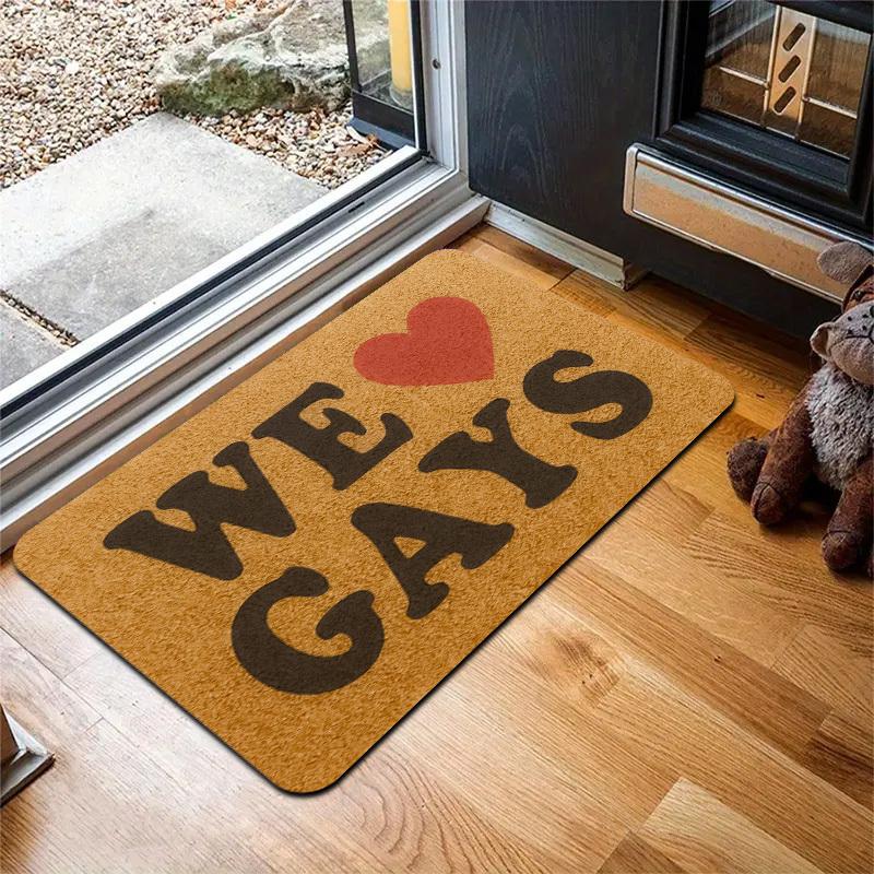 We Love Gays Pride Text Doormat, Colorful Heart Non-Slip Entryway Rug, Durable Washable Floor Mat for Home and Patio Decor