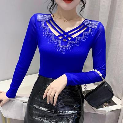 Streetwear Damenbekleidung T-Shirt Frühling Herbst Hohe Qualität Heiße Diamanten Langarm Tops Damen Sexy V-Ausschnitt Mesh T-Shirts