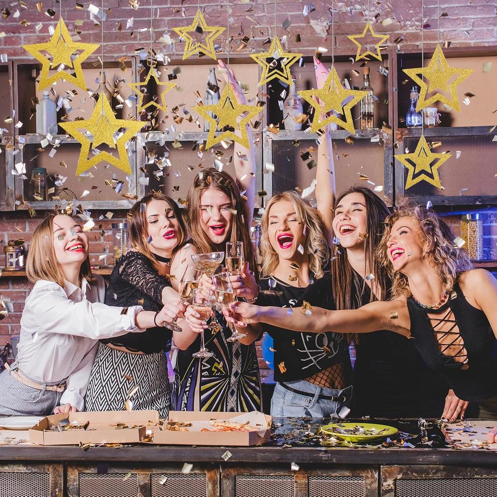 28PCS Gold Hanging Stars Decorations Glitter Cutouts with 7 Sizes Star Wall Decorations Double Sided Hanging Yard Decor for Party Wall Decor