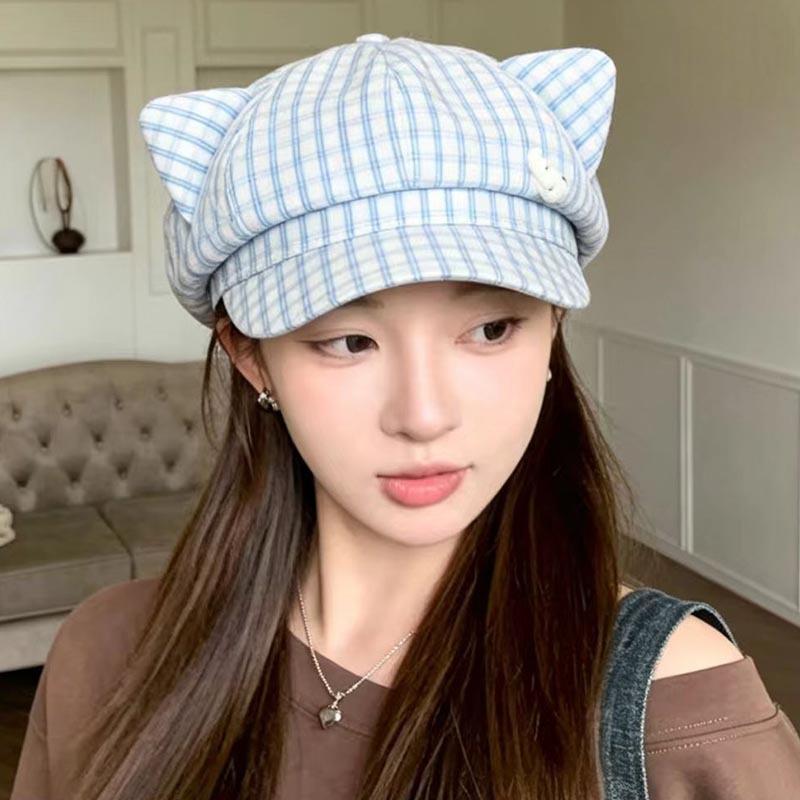 Sweet Plaid Cute Cat Ears Star Anise Hat Female Cap Spring and Autumn New Sweet Face Little Painter Hat Tide