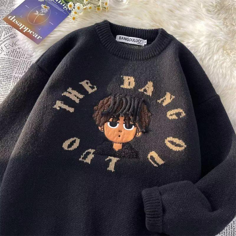 Мужской свободный свитер в американском ретро-стиле с 3D-вышивкой M