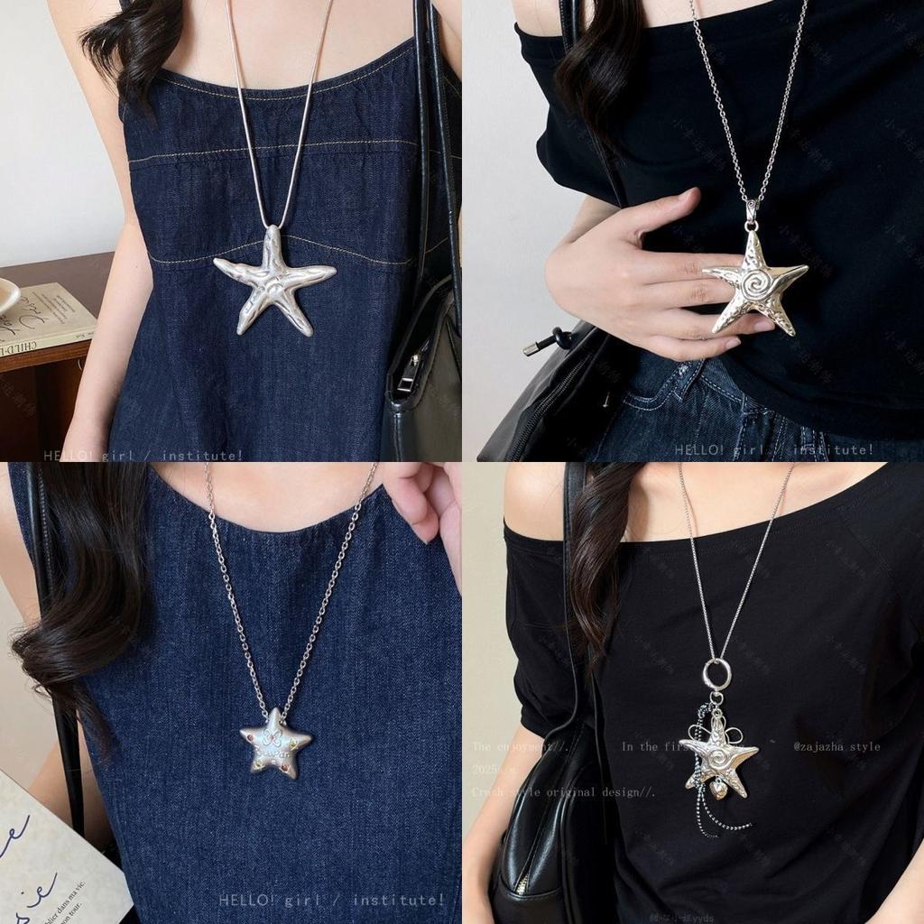 Vintage Spice Girl Silver Starfish Necklace Seaside Long Pentagram Necklace Sweet Cool Fashion Exaggerated Sweater Chain