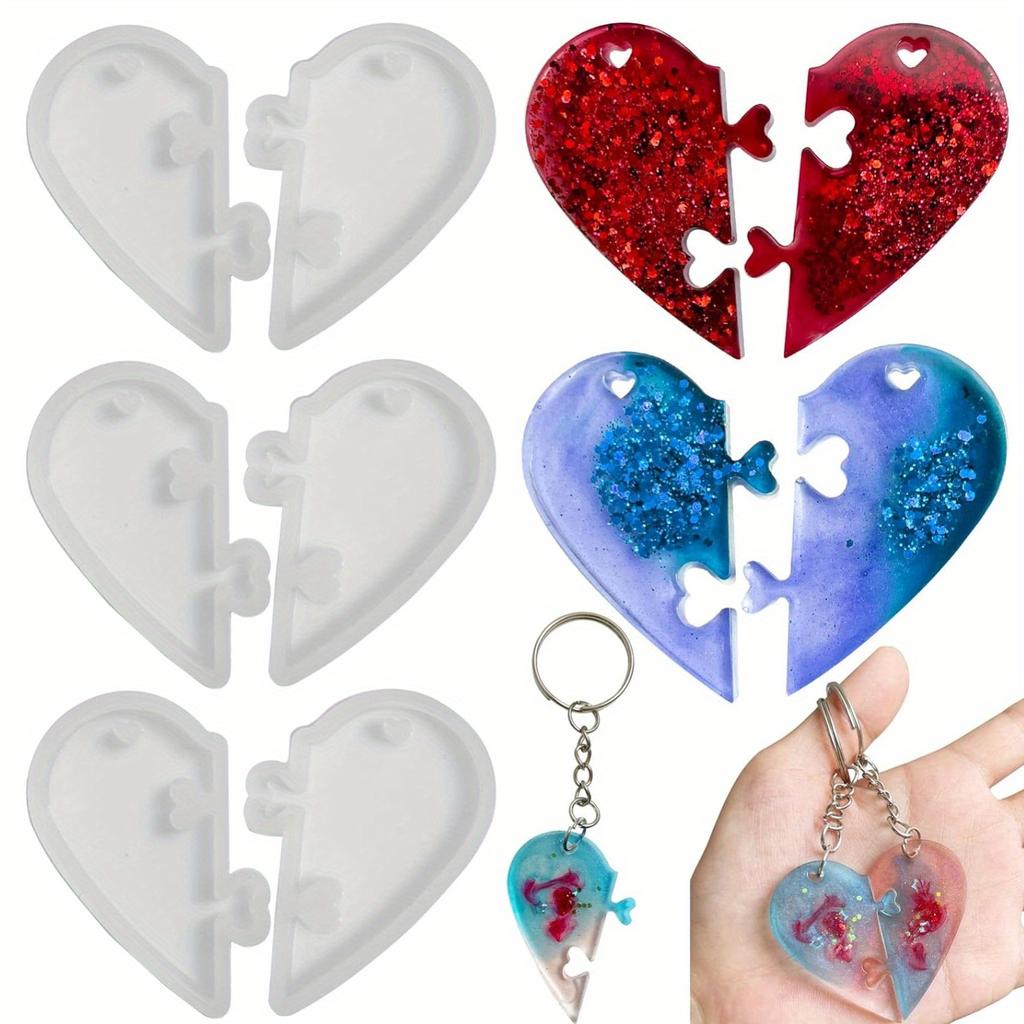 3Pcs Silicone Heart Puzzle Key Chain Mold Couple Pendant Resin Casting DIY Jewelry Making Mold with Hole Lover Puzzle
