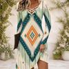 Women Criss Cross V Neck Long Sleeve Abstract Floral Printed Curved Hem Dress