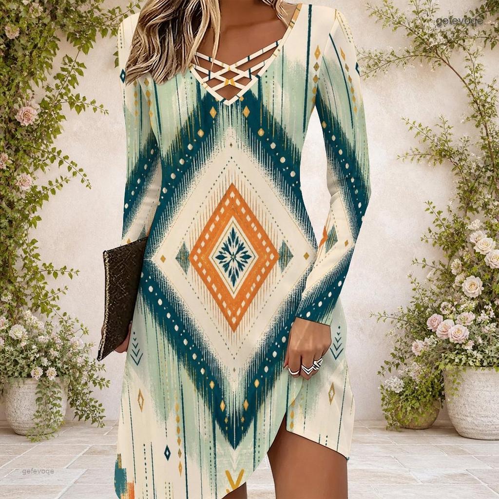 Women Criss Cross V Neck Long Sleeve Abstract Floral Printed Curved Hem Dress