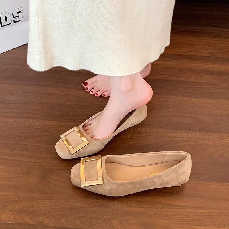 Metal square buckle shallow mouth single shoes women's 2025 autumn new thick heel low heel square head commuter Mary Jane shoes Doudou shoes