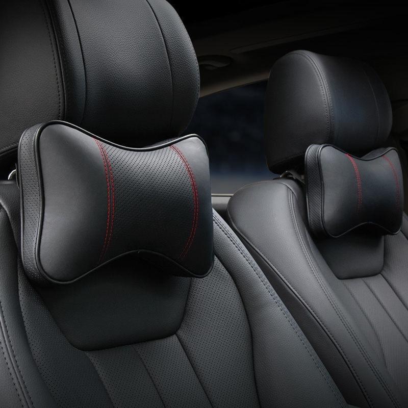 2PCS Auto Universal Seat Soft Breathable Interior Decoration Top Quality Cowhide Car Neck Pillows Headrest Neck Pillow Support