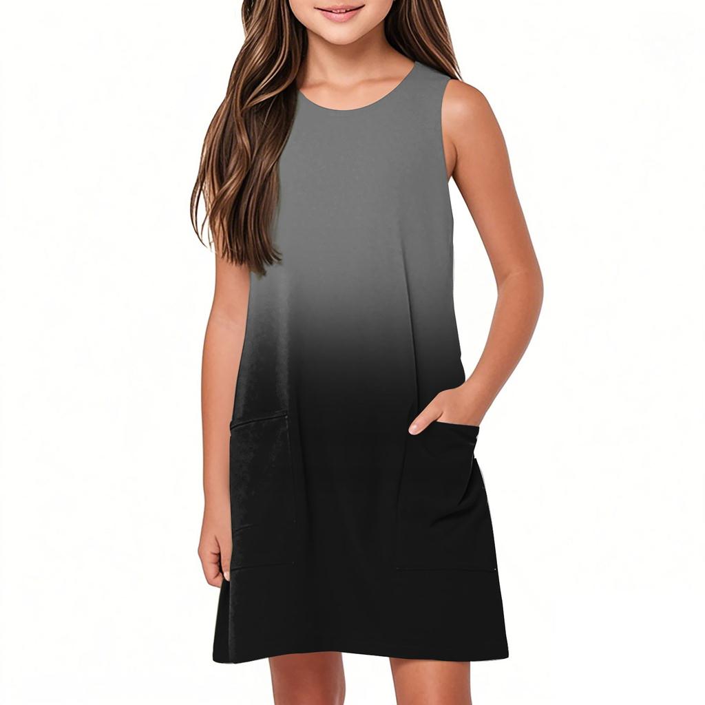 Girls Casual Sleeveless Solid Color Dress