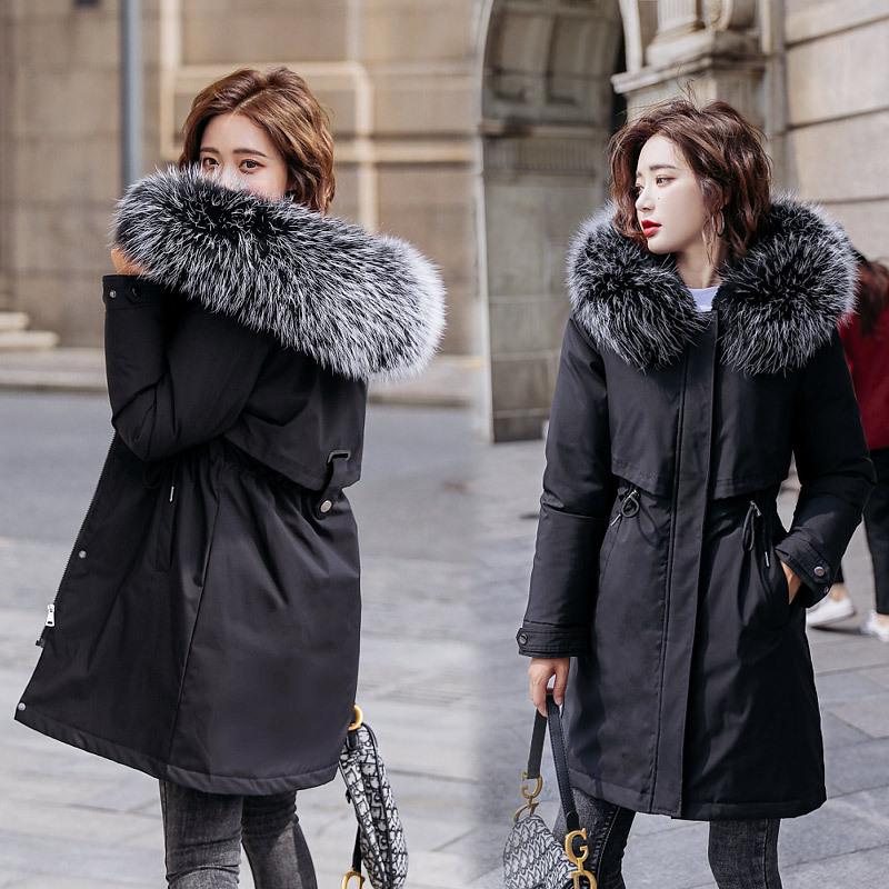 Damska Parka Plus Size z Futerkiem - Styl Koreański, Podszyta Aksamitem, Wcięta w Talii, Ciepły Bawełniany Płaszcz, 6XL.