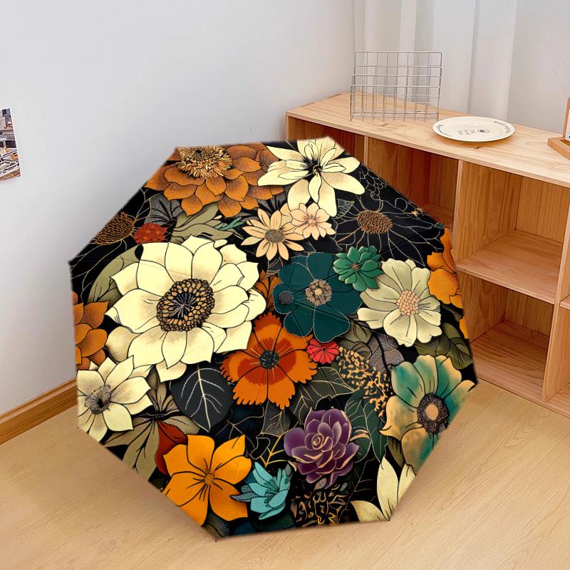 1 PC Automatic Folding Umbrella - Vintage flowers Pattern, Portable & Foldable Design with 8 Ribs, Christmas Birthday Gifts