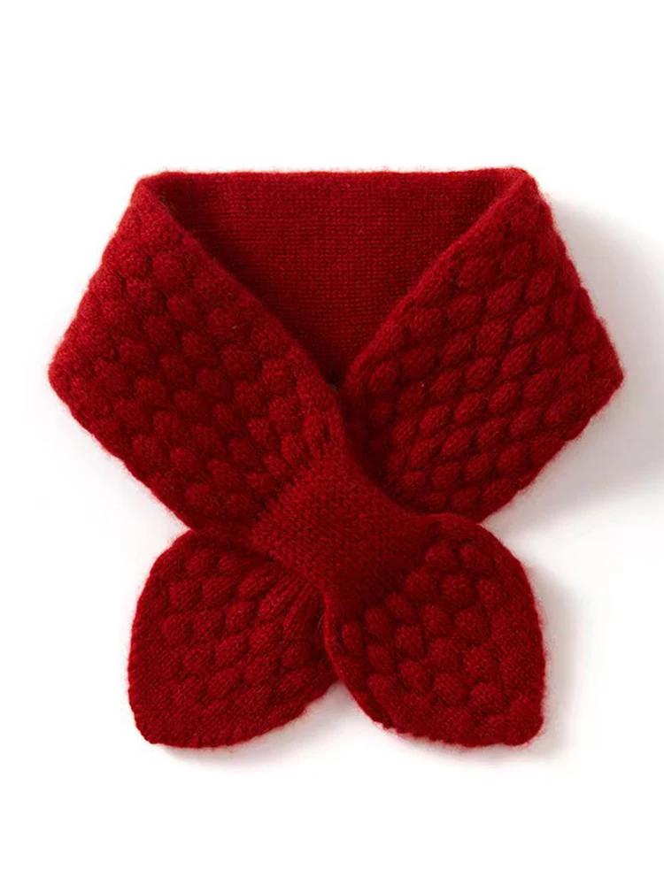 Women 100% Pure Cashmere Knitted Small Bowknot Scarf Neckerchief Moss Stitch Soft Neck Warmer Ring Collar Female Boutique Acc