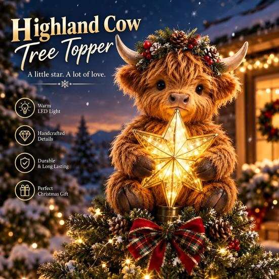 Charmantes Weihnachtsgeschenk Hochlandkuh Leuchtender Stern Baumspitze, Beleuchtete Dekoration mit Festlichen Innen-Weihnachtsdekorationen Warmes LED, Batterie