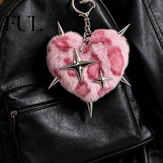 Punk Backpacks Accessory Plush Leopard Love Heart Keychain, Stuffed Keyring Pendant Print Bag Charm with Metal Star, Decorative Key Chain