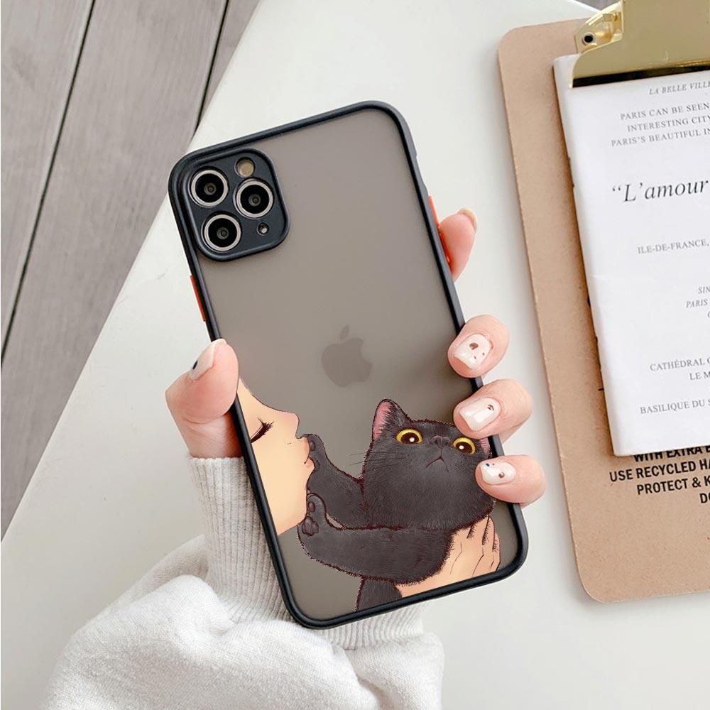 Cute Shockproof Translucent Matte Phone Case For Iphone 11 12 13 Pro Max Mini 7 Plus XR X S Cover Lovely Cat Kiss Refuse To Kiss