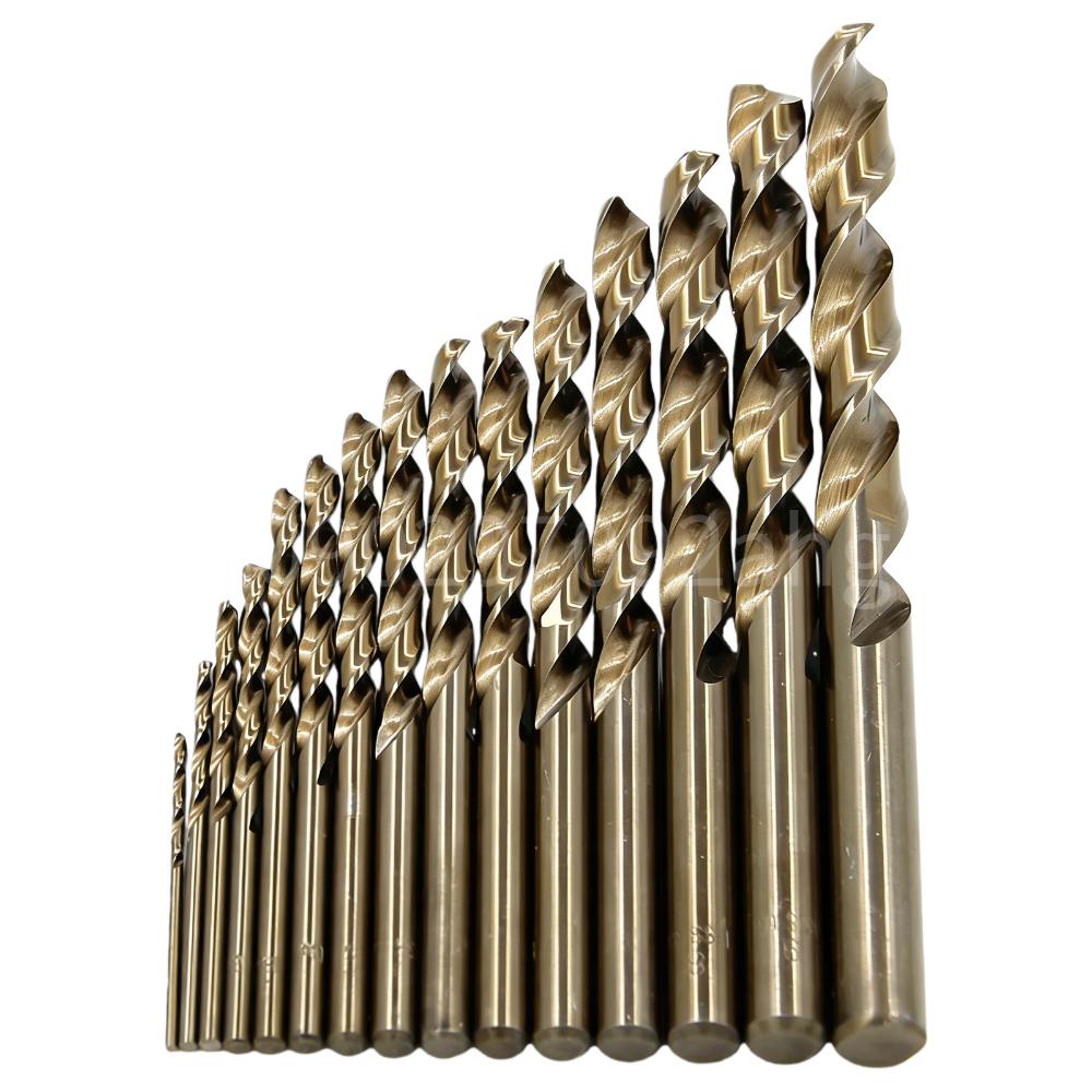 15pcs HSS Gold Cobalt Jobber Drill Bit Set with Straight Shank Twist Drill Bit Power Tools for Masonry Block Brick and Stone