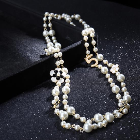 Damen-Halskette, doppellagig, Kunstperle, Blume, Zahl 5, Anhänger, lange Halskette, Schmuck, Geschenk