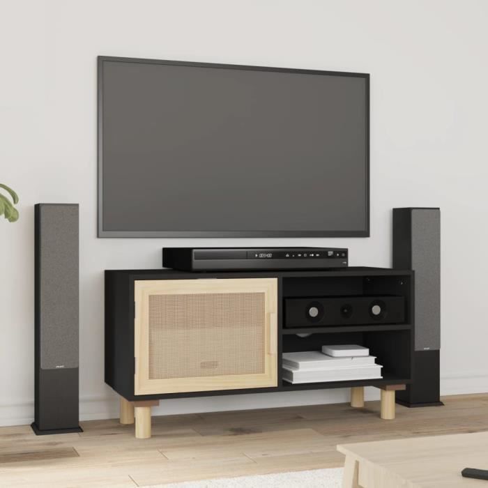 345613 vidaXL Meuble TV Noir 80x30x40 cm Bois de pin massif et rotin naturel