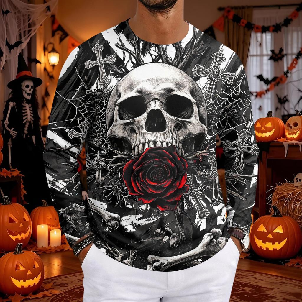 Men's Halloween Print Neck Long Sleeve T-Shirt