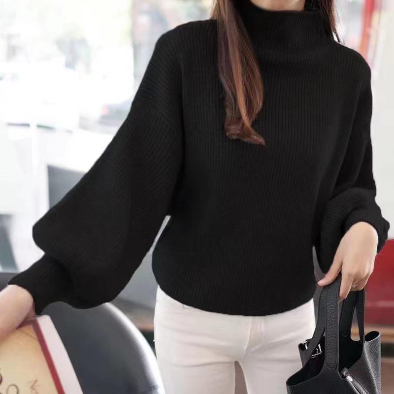 Women's Korean Style Half-High Neck Loose Knit Sweater with Lantern Batwing Sleeves - 2026 Autumn/Winter Collection