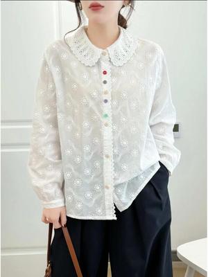 Japanese Style Embroidered White Long Sleeve Shirt with Colorful Buttons and Fresh Lapel - Versatile, Age-Reducing, and Loose Fit for Women