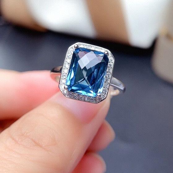 

New Rectangular Sea Blue Topaz Gemstone and Diamond Open Ring for Women Adjustable Open [Stacked]