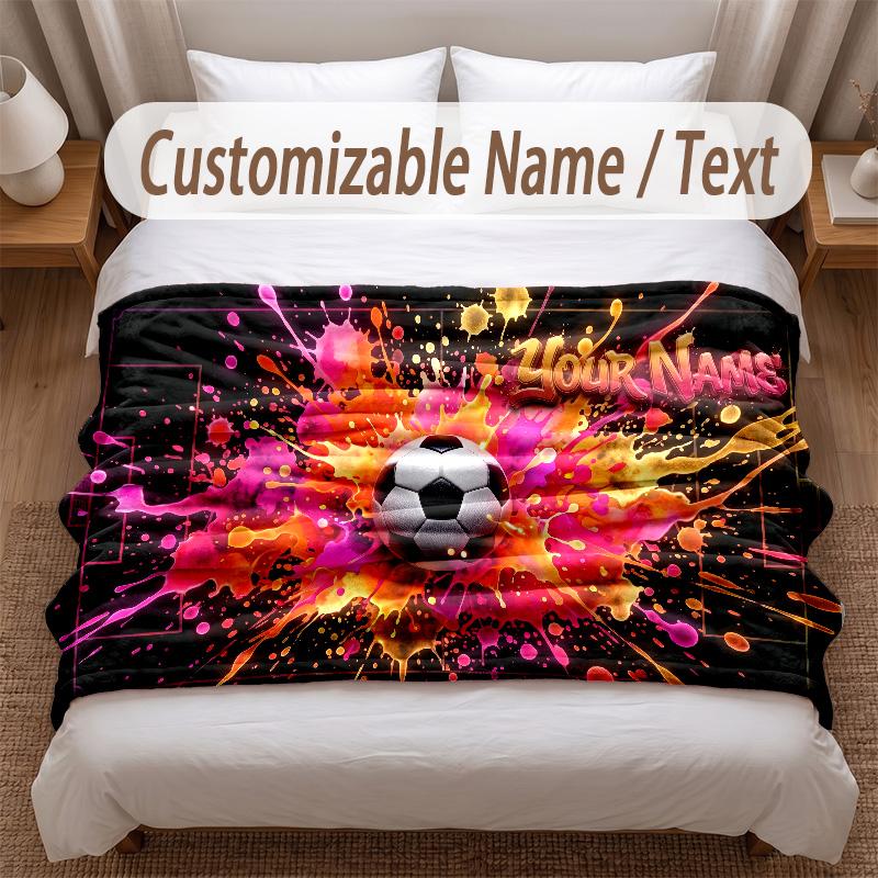 Soccer Theme Soft Blanket Personalized Custom Name Text Print Warm Blanket Home Sofa Bedroom Decor