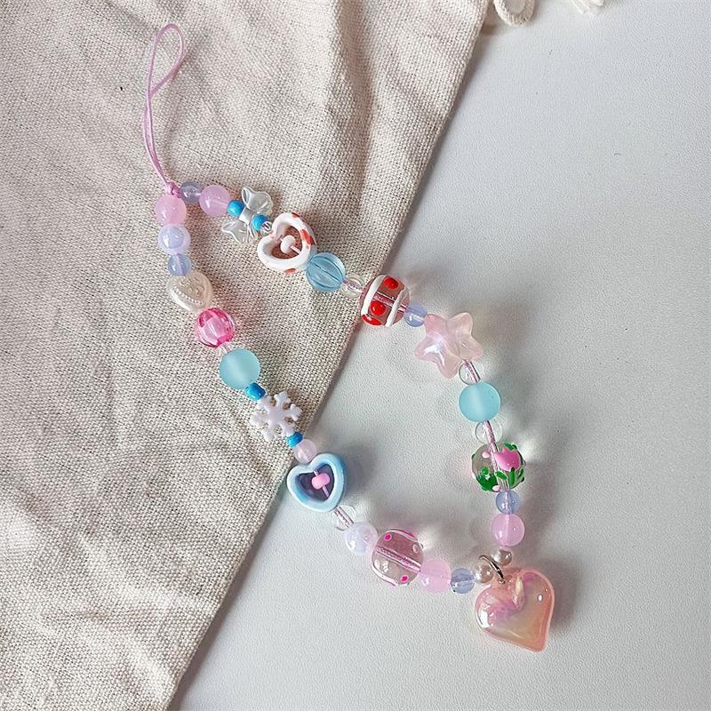 Cute Sweet Star Heart Love Beaded Phone Lanyard Strap Keychain Pendant Phone Chain Wrist Rope Bag Ornament Girl Phone Charm Gift