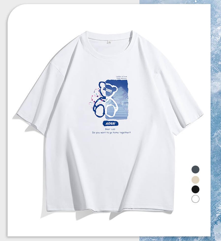 Fosroe Short Sleeve Summer with a Cute Bear Available In Plus Loose and Men's T-Shirt Print, Sizes, Fit, Soft, Comfortable, Unisex, White-3XL