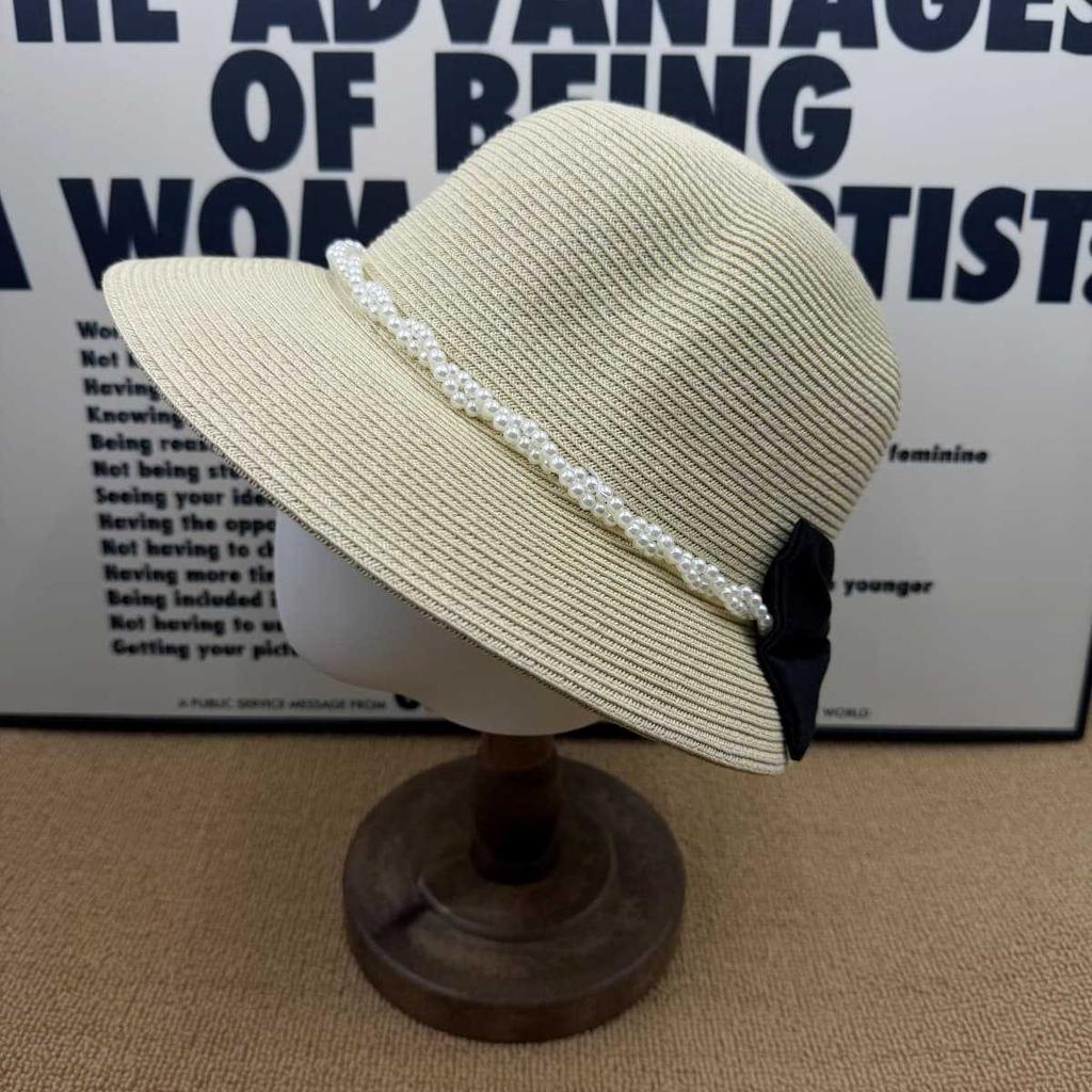 French retro pearl bow straw bucket hat women's summer big brim sunscreen hat sunshade straw hat temperament sun hat