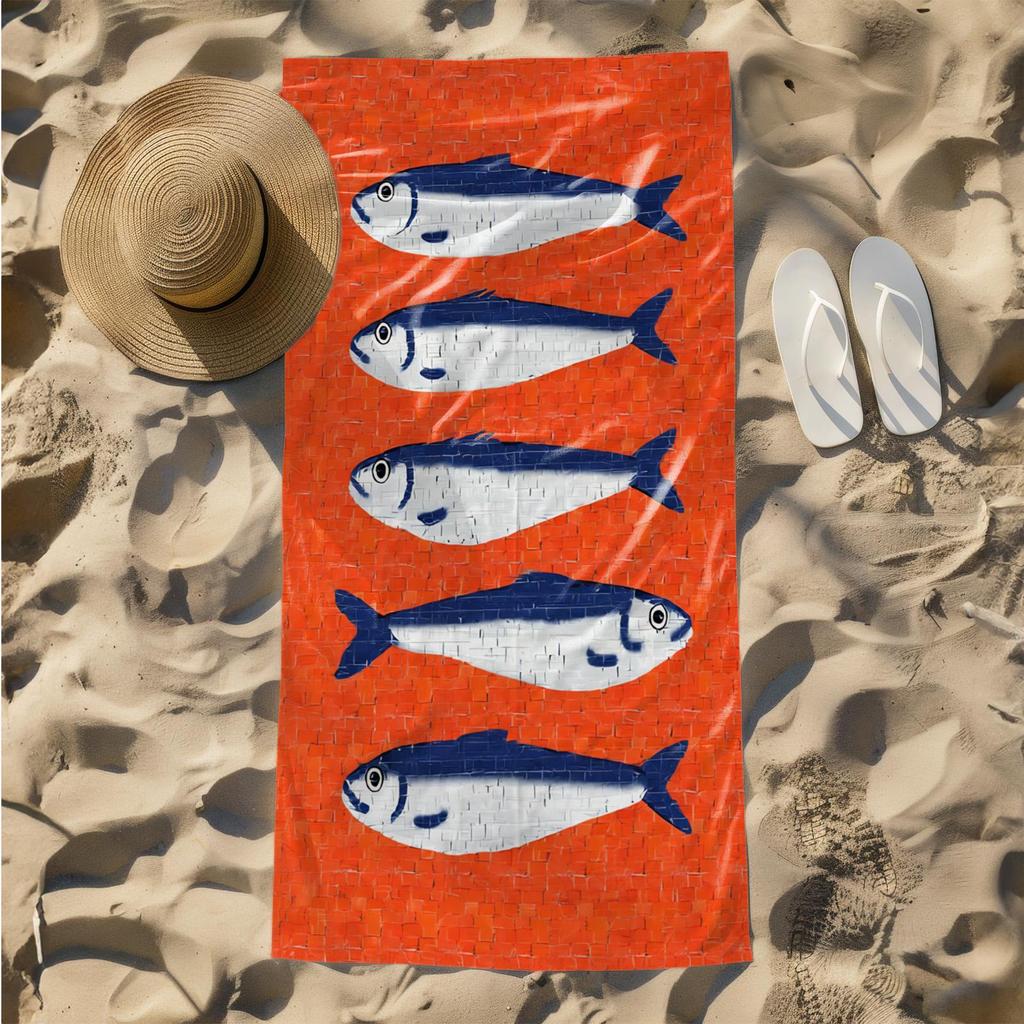1pc Vibrant Sardines on Red Mosaic Texture 2D Printed Microfiber Beach Towel, quick dry super absorbent. Great for beach, pool