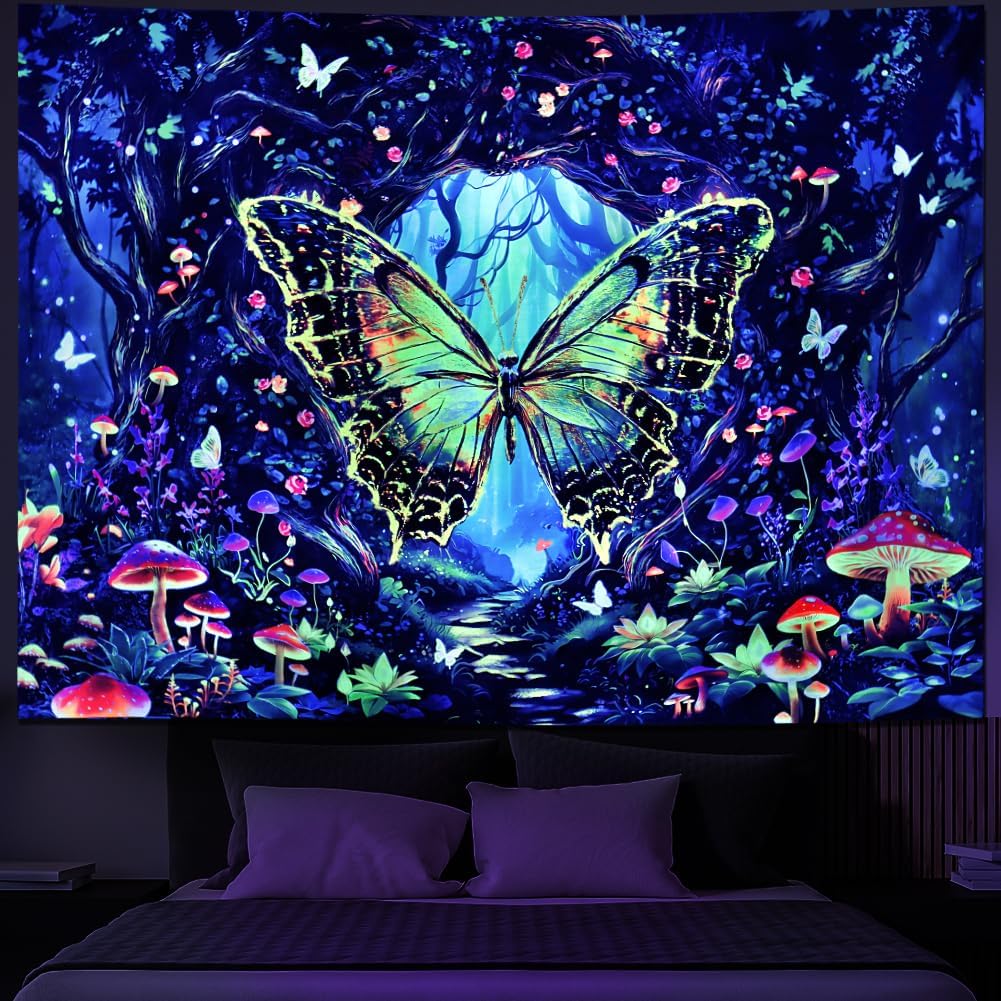 Galoker Blacklight Butterfly Tapestry Fantasy Forest Tree Tapestry UV Reactive Plant Floral Wall Tapestries Neon Tree of Life Tapestries Wall Hanging