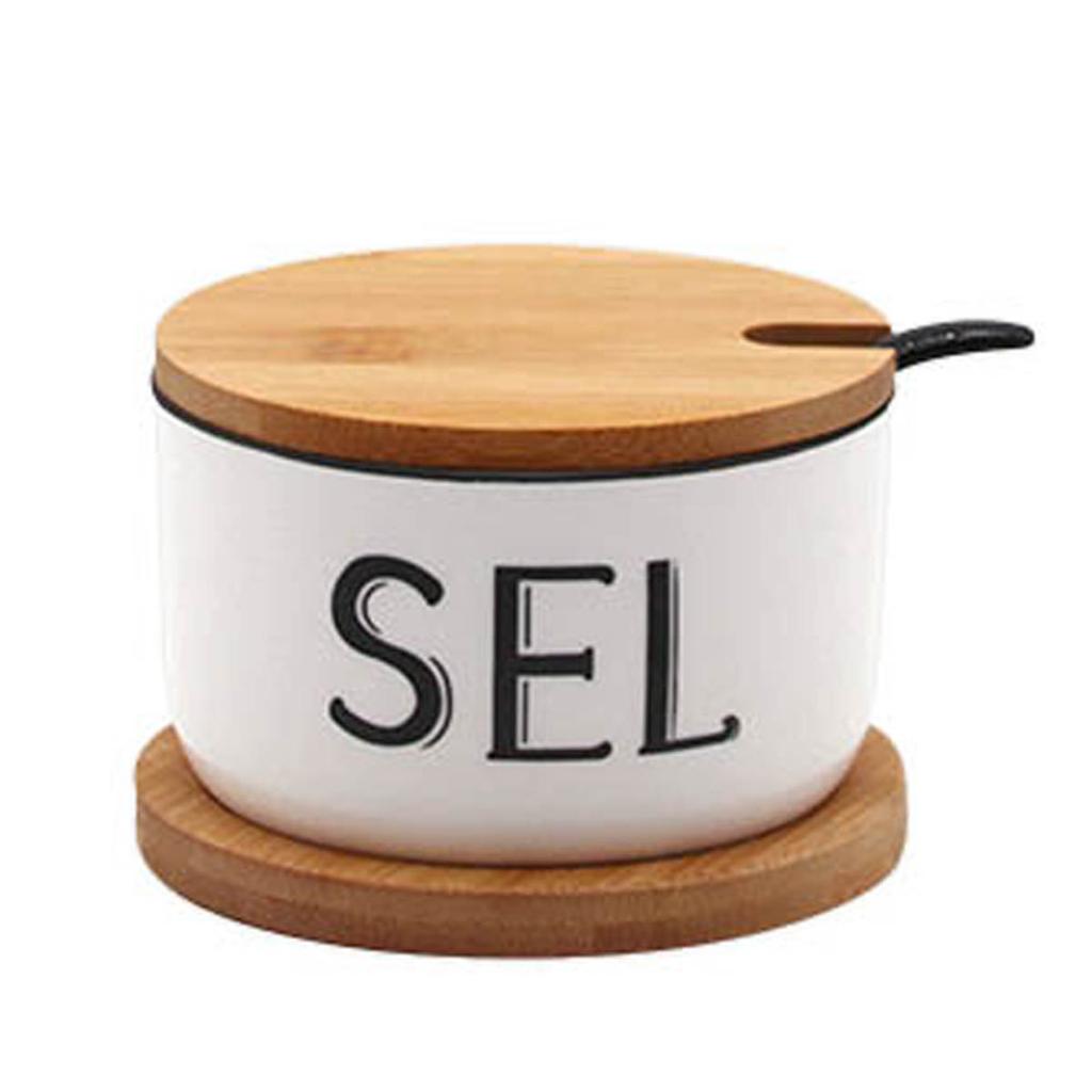 Les Trésors De Lily [R7018] - Wooden Ceramic Salt Pot 'Sel' with Spoon - 100x55 Mm