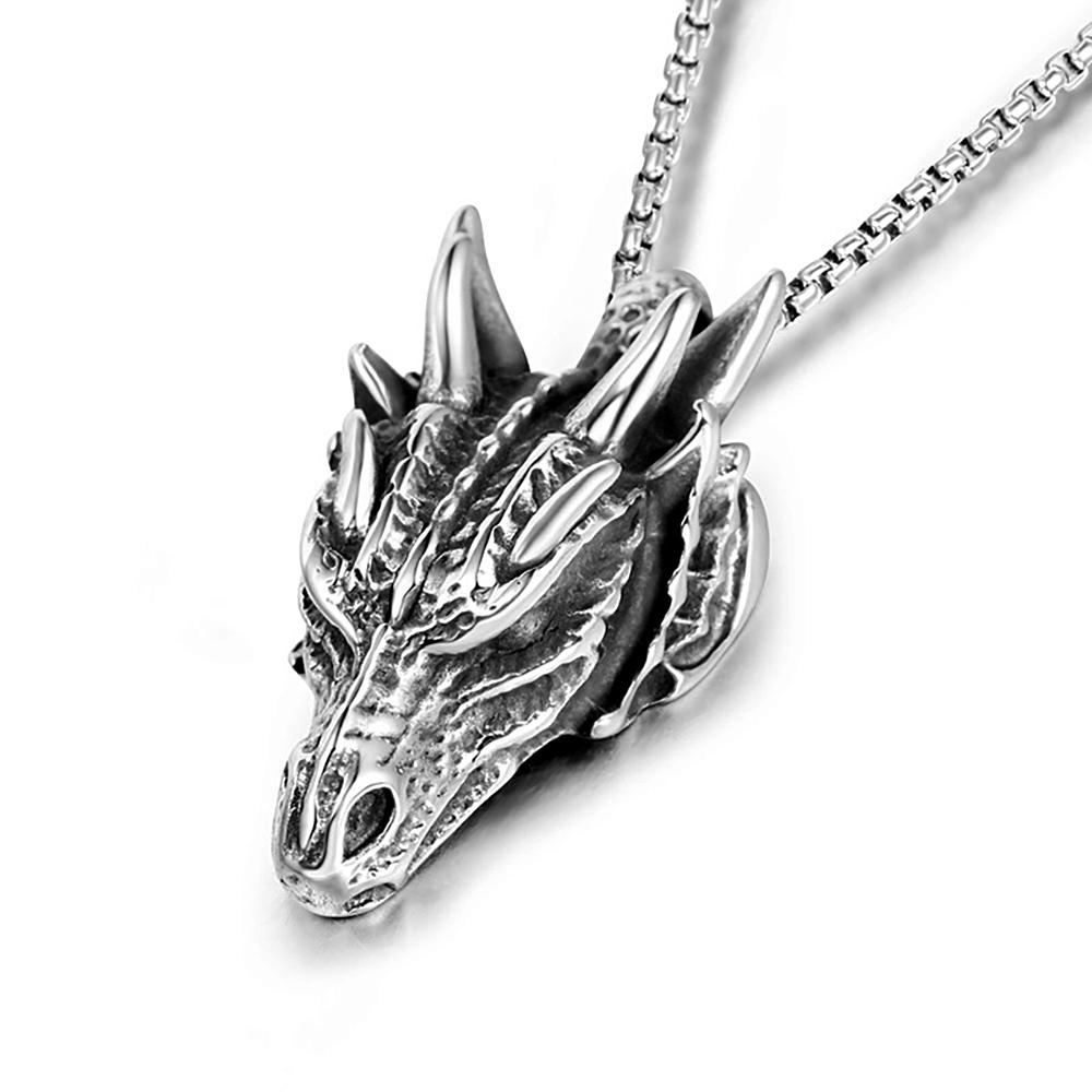 Collane Pendente Testa di Drago in Acciaio Inossidabile Punk Vintage per Uomo Biker Animale Dominante Collana Gioielli Amuleto alla Moda Regalo