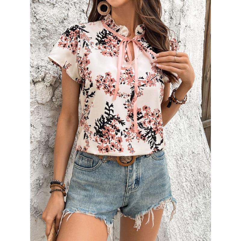 Women's Spring/summer Floral Print Lace-up Short-sleeved Shirt Blouse